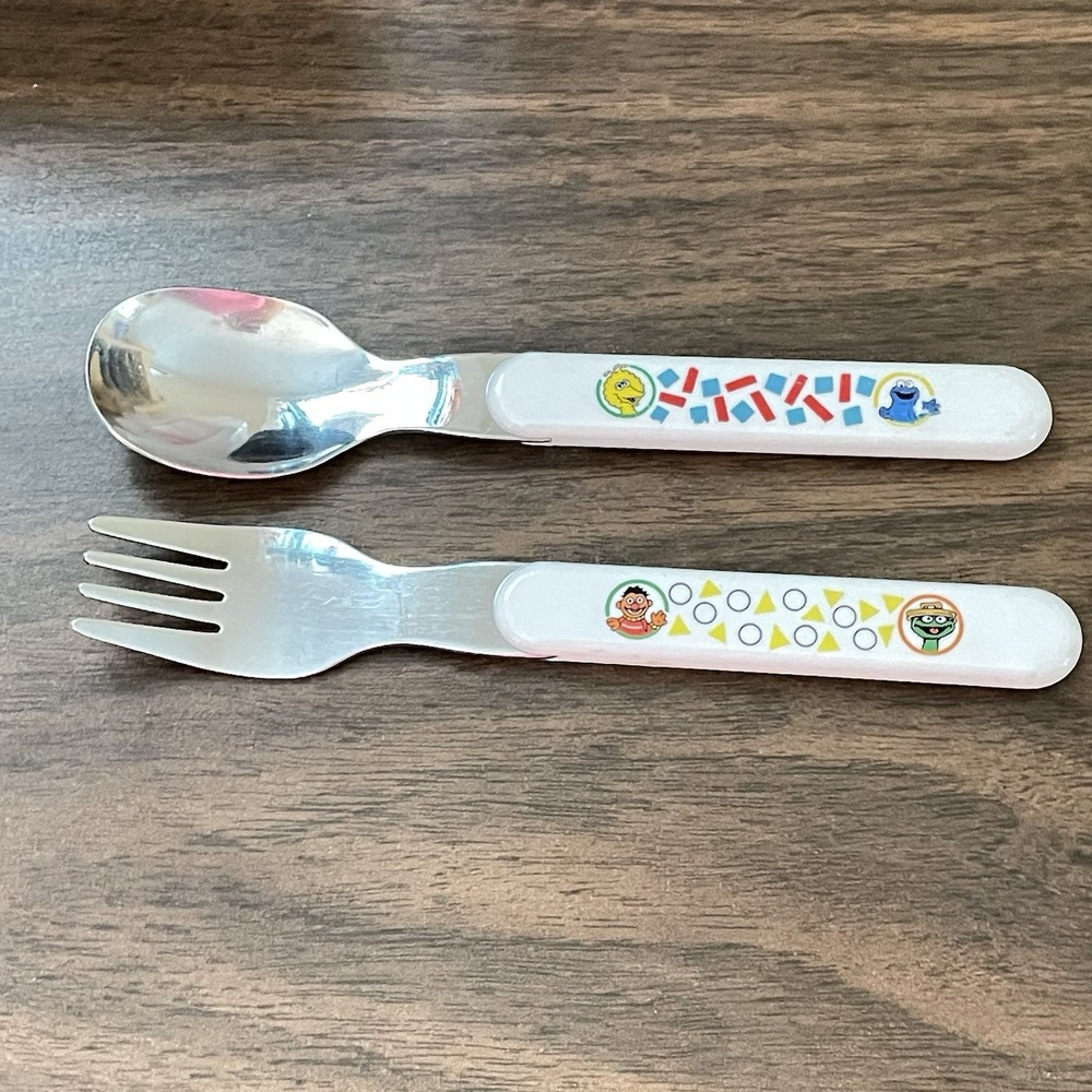 Vintage 1990s Sesame Street Big Bird Cookie Monster Kids Spoon Fork Flatware Set